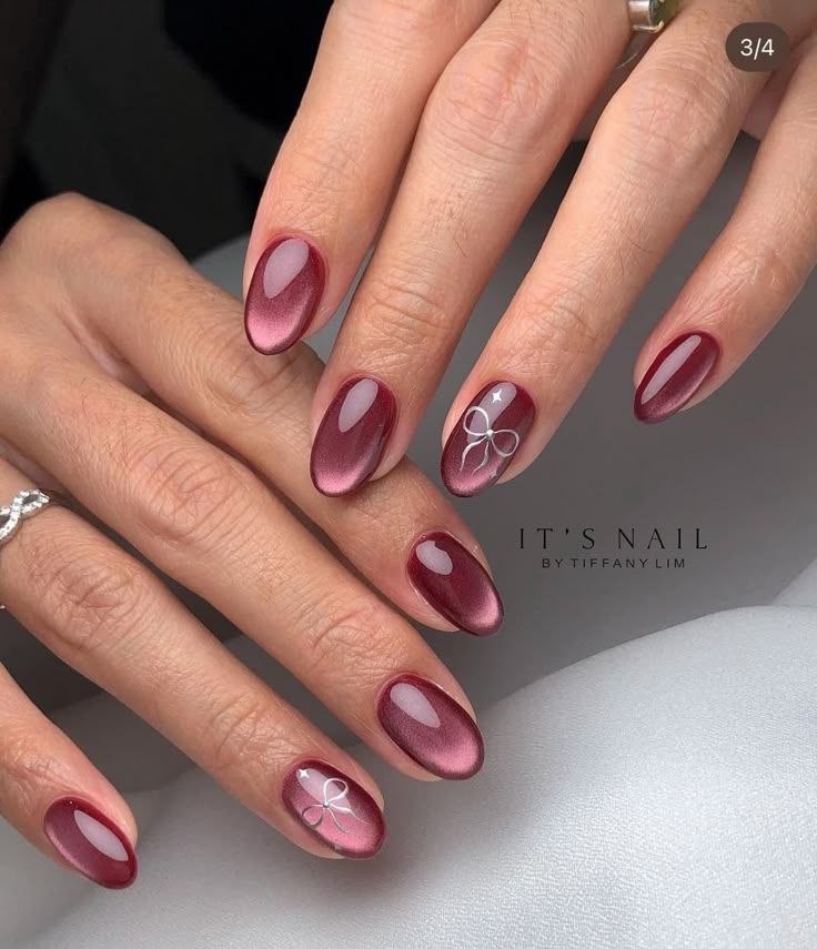 Cherry Bow Cat Eye press-on nail design