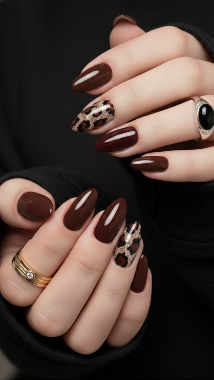 Jungle Cocoa Leopard press-on nail design