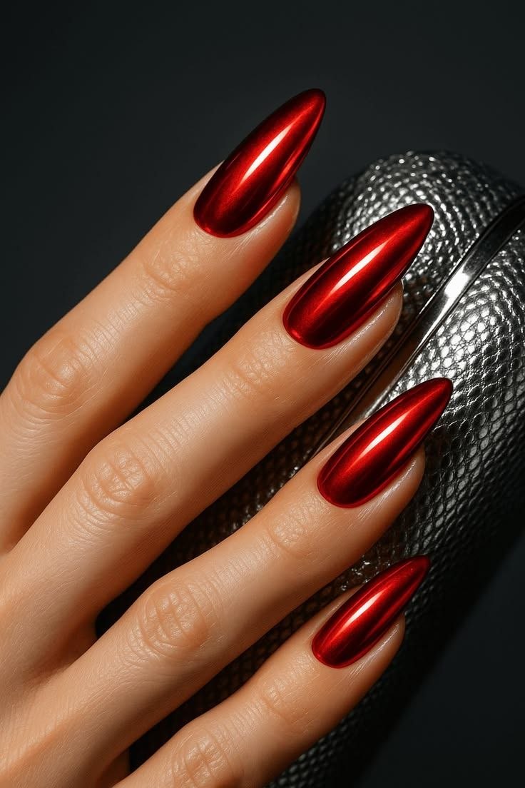 Sindoori Red Chrome press-on nail design