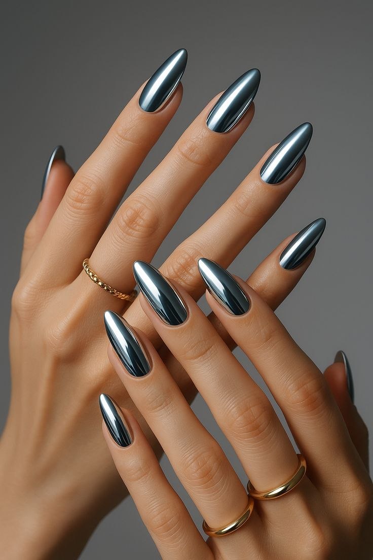 Neelambar Steel Chrome press-on nail design